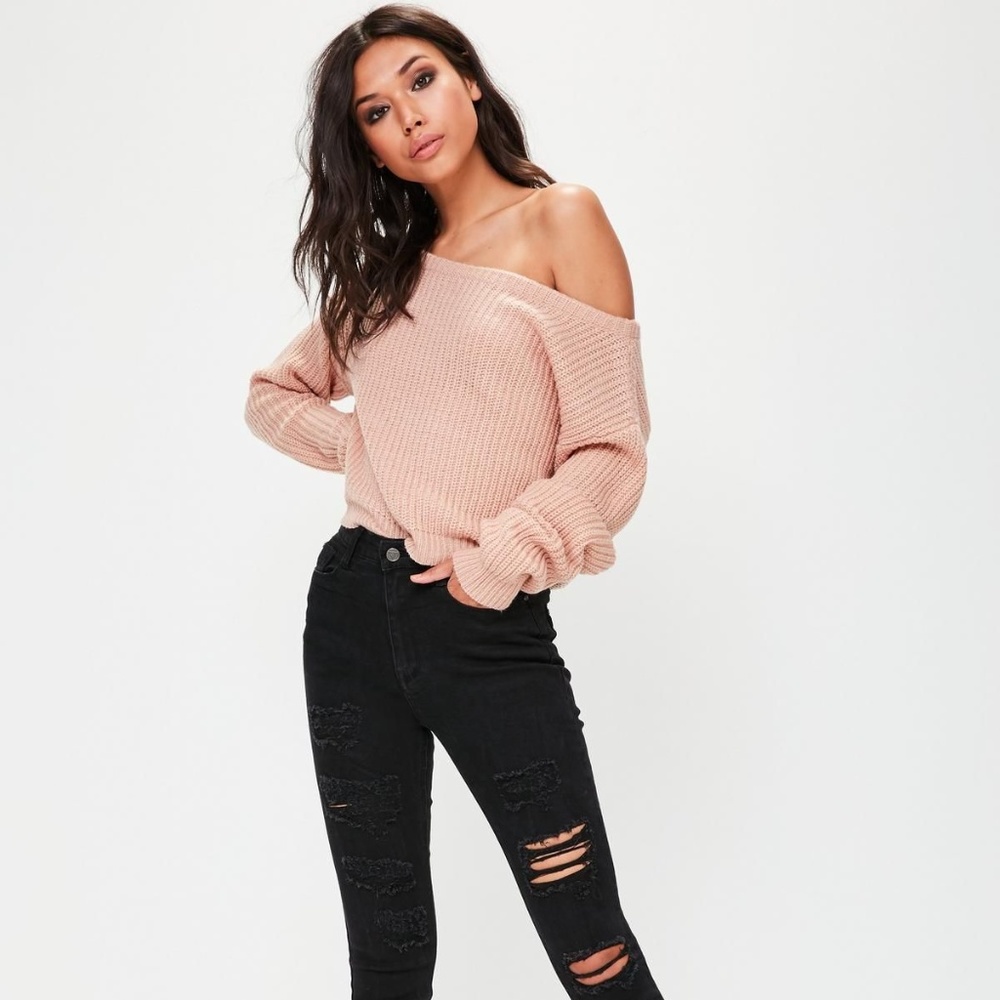 Missguided Off Shoulder Cropped Sweater Nude